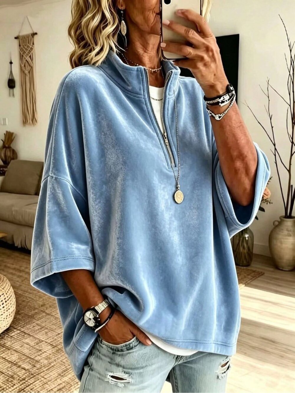 Light Blue Sexy Women's Velvet High Neck Half Zip Pullover Top